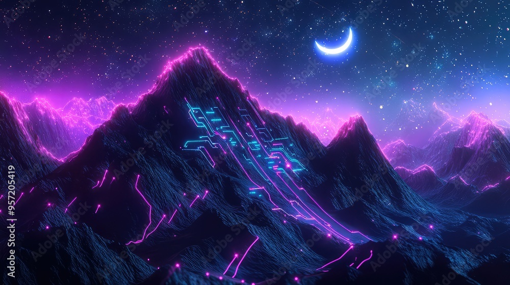 Poster a computer-generated mountain range with luminous circuits, set against a starry sky and a crescent 