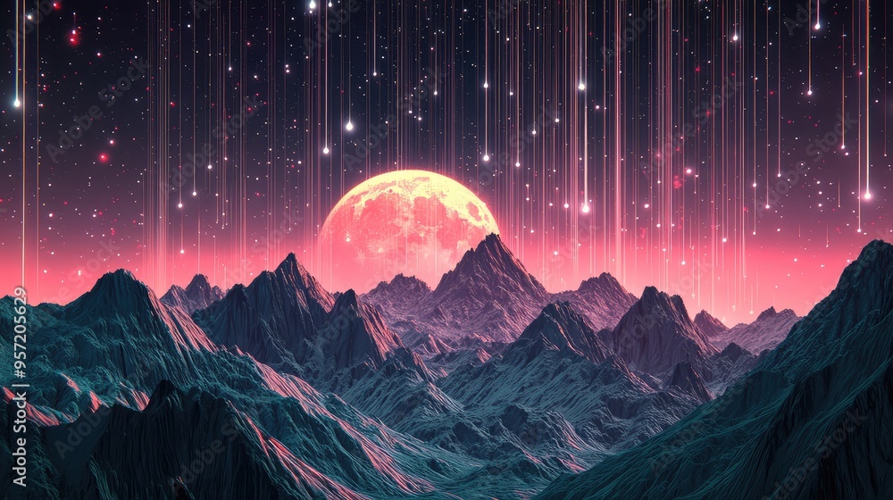 Poster a digital mountain landscape with pixelated peaks, under a cosmic sky with a large moon and animated