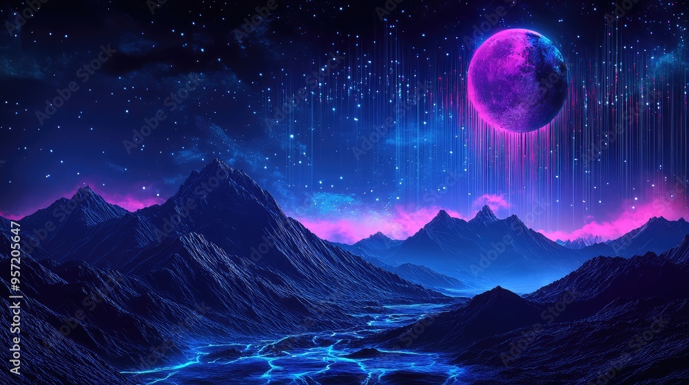 Poster a digital mountain landscape with pixelated peaks, under a cosmic sky with a large moon and animated