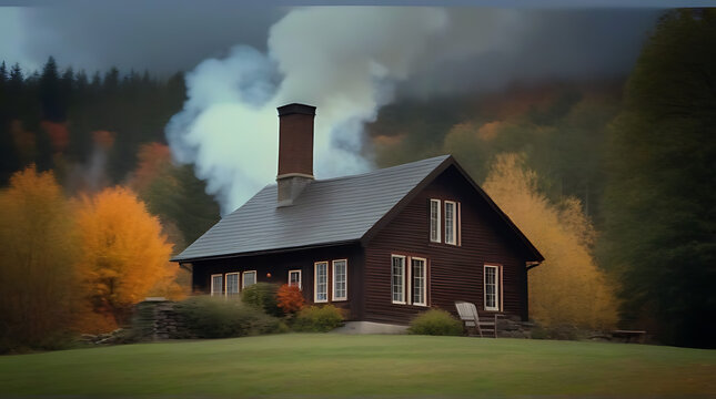charming cottage smoke billowing chimney fall colors around