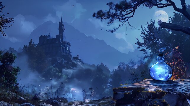 Spooky evening scene with a dazzling blue elixir perched on a sorceress land