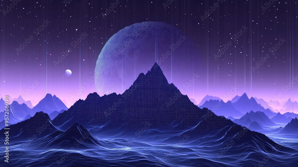 Poster a digital mountain landscape with pixelated peaks, under a cosmic sky with a large moon and animated