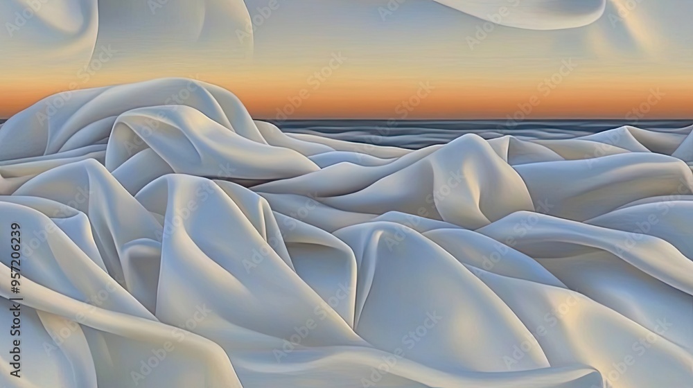 Poster delicate soft blue waves embody a gentle flow, enhanced by warm golden light, presenting an abstract