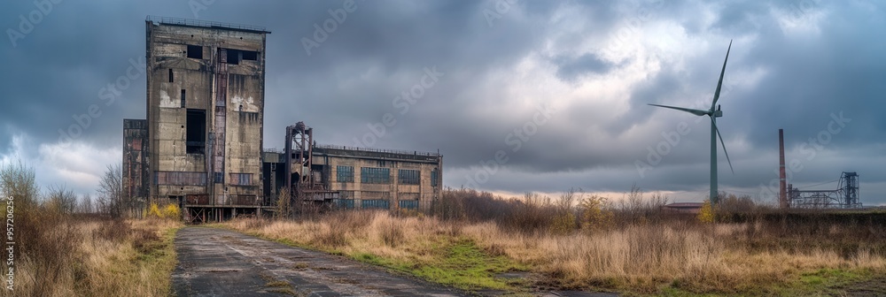 Aufkleber Old factories and abandoned coal mines contrast with modern wind turbines, highlighting the transition to renewable energy sources. Generative AI