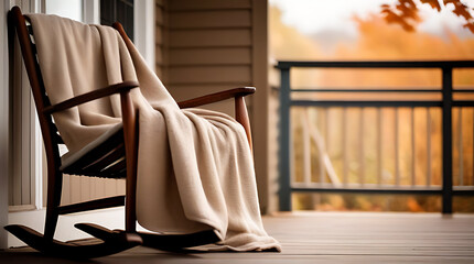 cozy blanket draped rocking chair porch