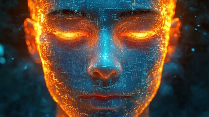 A close-up of a digital human face with glowing blue circuitry and fiery orange eyes, embodying a blend of advanced technology and artificial intelligence.

