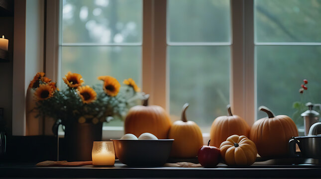 Fototapeta cozy kitchen window view fall garden seasonal decorations