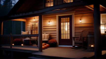 Fototapeta premium cozy rustic cabin wraparound porch adorned fall decorations