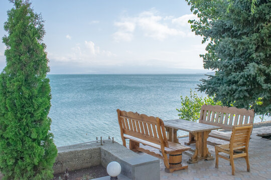Bench on the beach and sea view