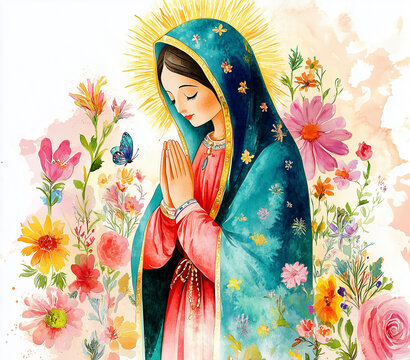 watercolor illustration painting close up La virgen de Guadalupe, full of many various vibrant flowers, standing, hands together in prayer..