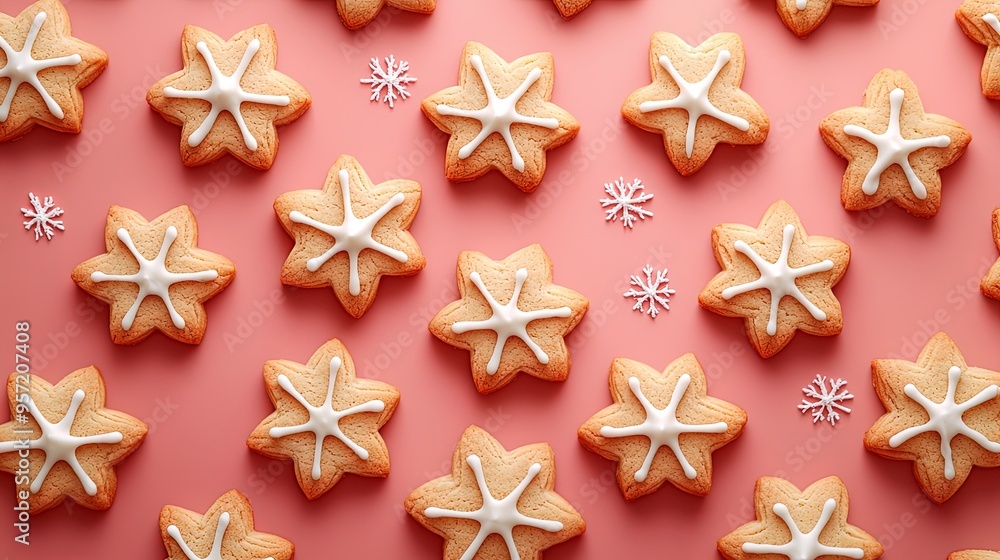 Wall mural a stunning photo showcasing star-shaped cookies perfectly decorated with white icing on a pink backg