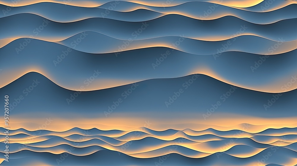 Poster delicate soft blue waves embody a gentle flow, enhanced by warm golden light, presenting an abstract