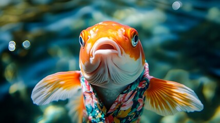 Koi Fish Dressed in Vibrant Hawaiian Shirt with Playful Summery Vibe