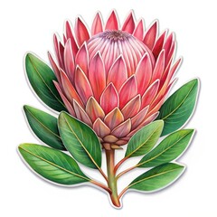 Protea Flower with Green Leaves, Watercolor Illustration, Pink Flower, Green Leaves, Floral Art, protea, flower