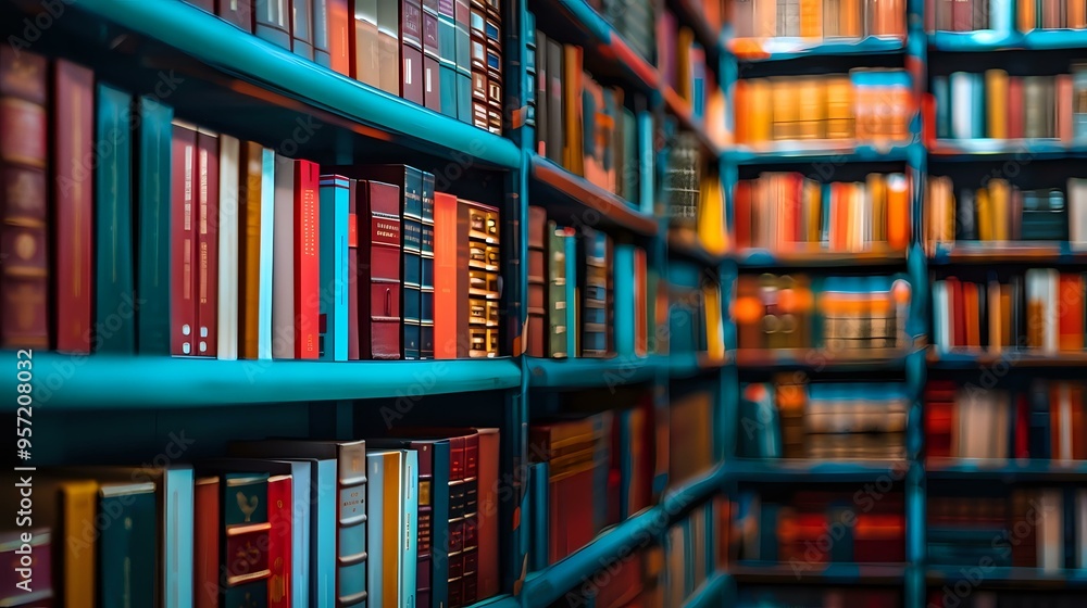 Poster a vibrant library scene with rows of colorful books on shelves, creating a warm and intellectual atm