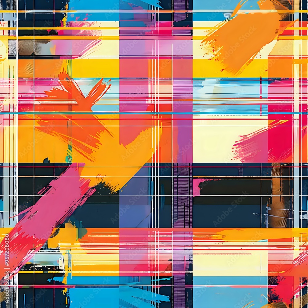 Poster vibrant geometric abstract pattern with colorful brush strokes and grid lines creating dynamic moder