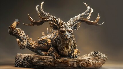 Fototapeta premium Statue of a weird wild beast with a woody texture