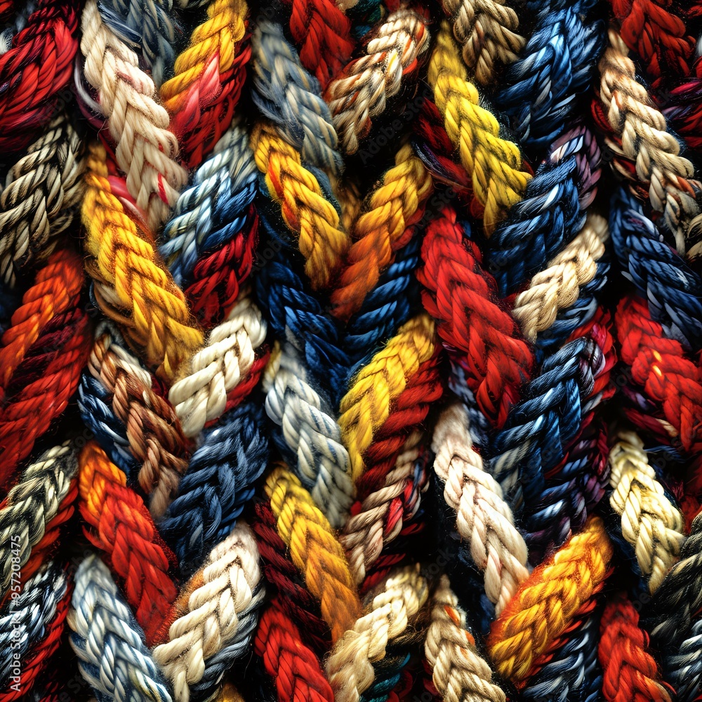 Poster a close-up of a vibrant, braided rope texture in multiple colors, showcasing intricate weaving and c