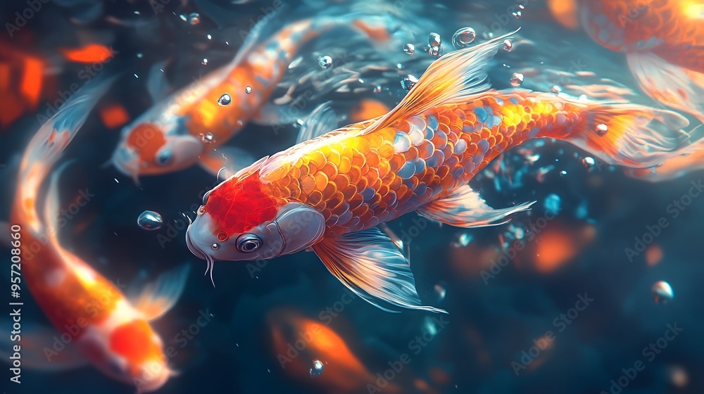 Aufkleber mesmerizing koi fish swimming in a futuristic digital matrix with neon colors and abstract forms