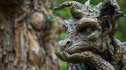 Statue of a weird wild beast with a woody texture