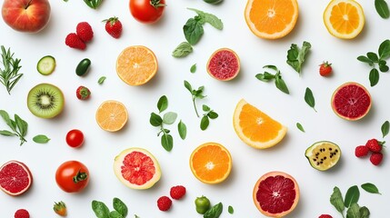 Colorful arrangement of fresh fruits and herbs on a white background for healthy eating inspiration