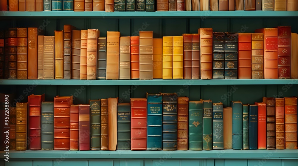 Poster a classic bookshelf filled with colorful vintage books, creating a warm and intellectual atmosphere.