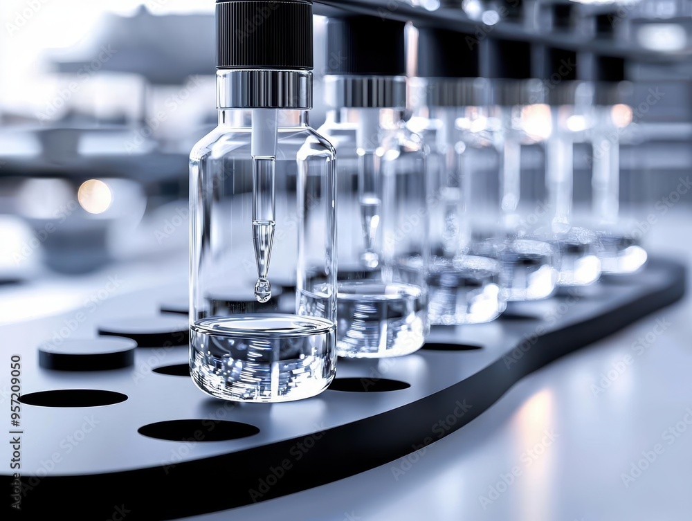 Aufkleber clean laboratory setting with several empty glass vials lined up in a row on a black stand, ready fo
