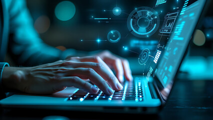 person typing on a laptop floating graphics