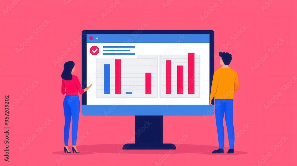 Poster a colorful illustration of two people analyzing a data report on a computer screen, showcasing a vib