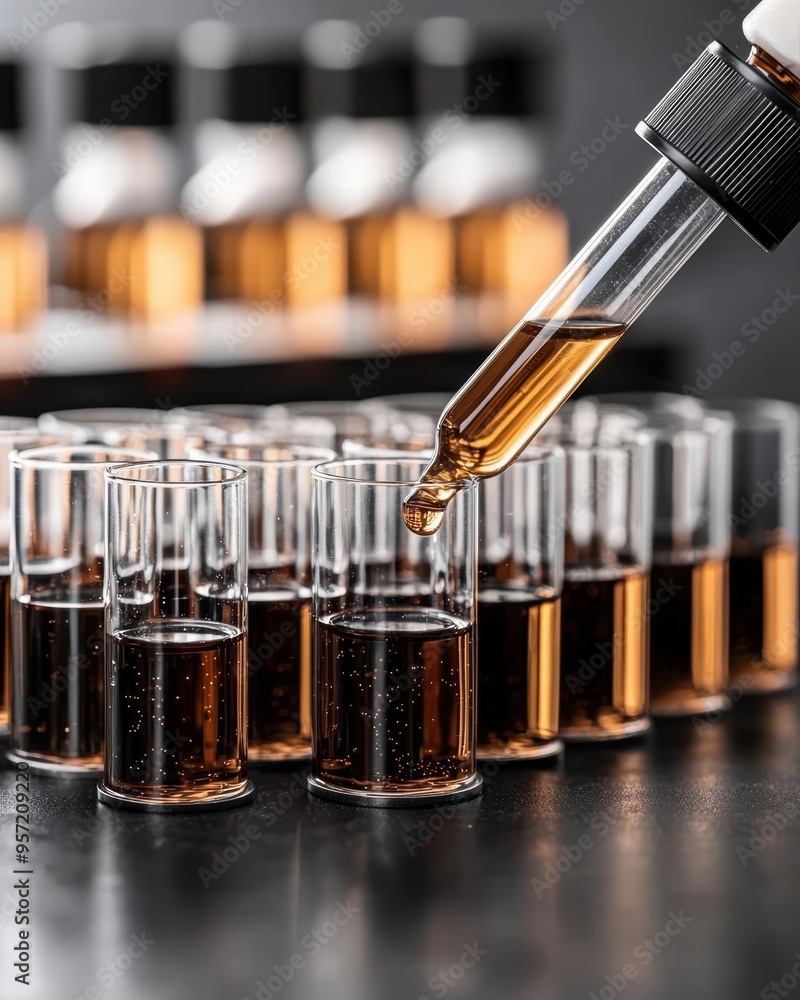 Poster close-up of a dropper pipetting liquid into test tubes in a laboratory setting, showcasing scientifi