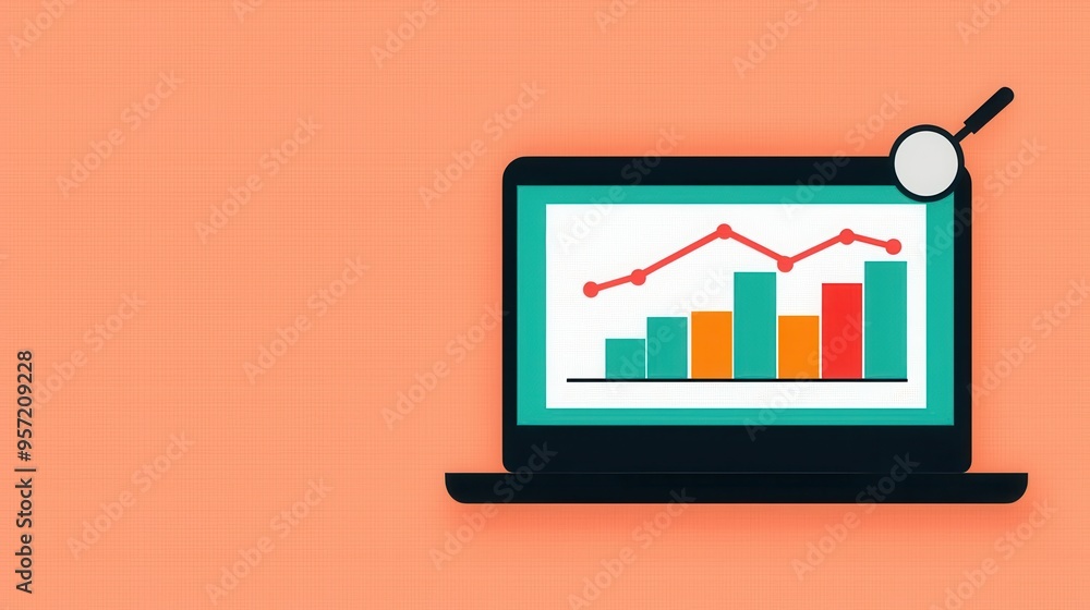 Poster a colorful laptop displaying graphs and data analysis, highlighting trends and statistics for busine