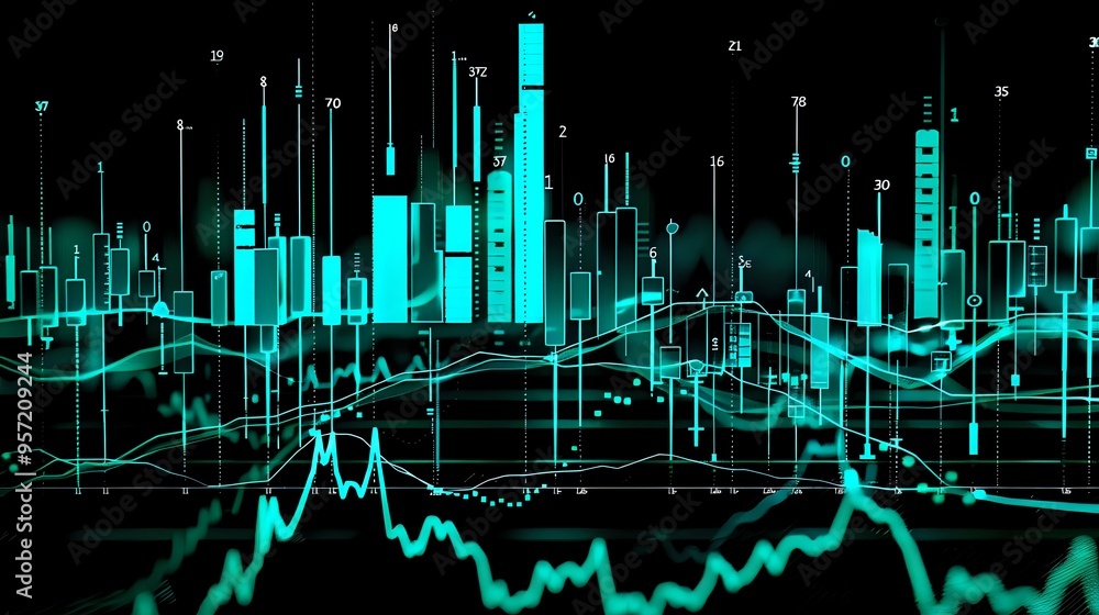 Aufkleber digital representation of financial data with glowing bar charts and line graphs, symbolizing analyt