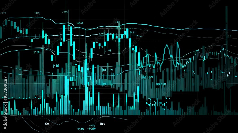 Aufkleber digital representation of financial data with glowing bar charts and line graphs, symbolizing analyt