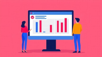 A colorful illustration of two people analyzing a data report on a computer screen, showcasing a vibrant workspace atmosphere.