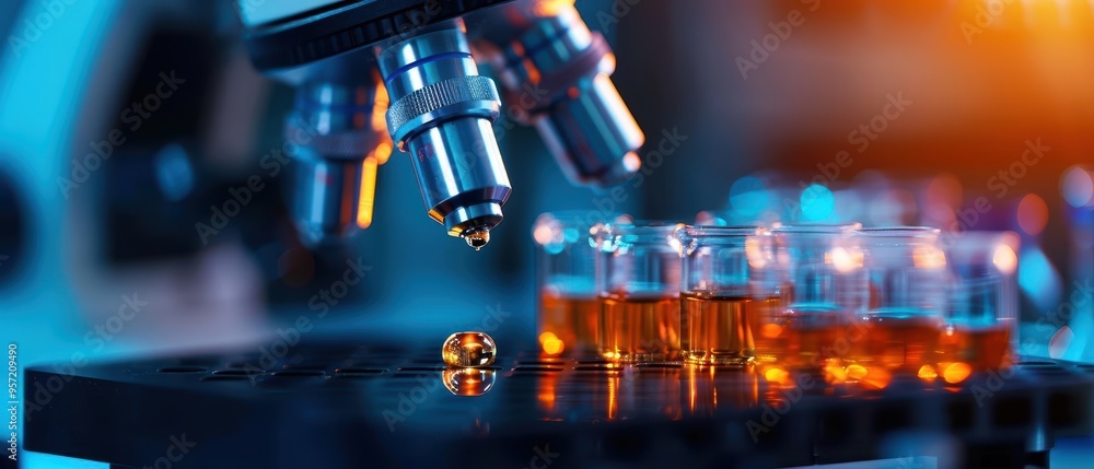 Poster close-up of a laboratory microscope examining amber liquid samples in small vials, signifying scient