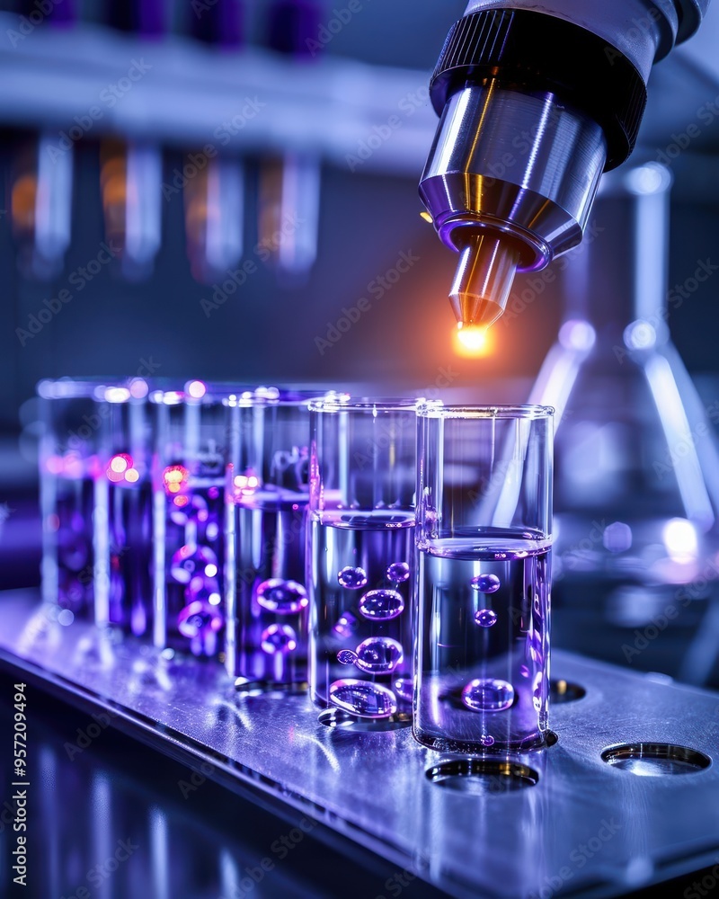 Poster detailed shot of a testing lab where accuracy and precision are paramount, with various samples bein