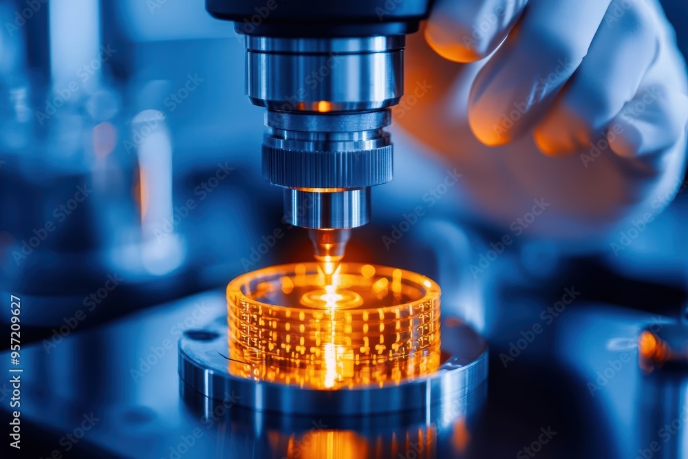 Poster close-up of a microscope analyzing a sample with orange light in a laboratory setting, representing 