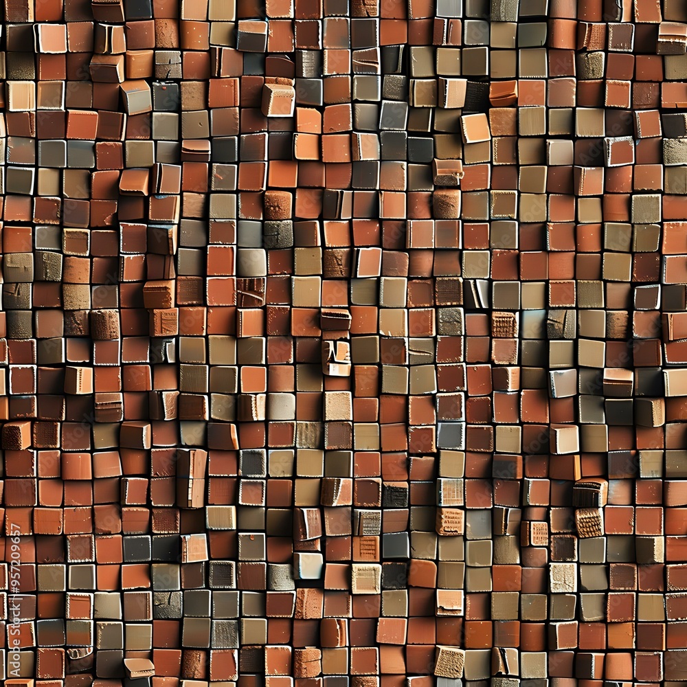 Poster abstract geometric pattern of wooden blocks creating dimensional surface texture in warm brown and t