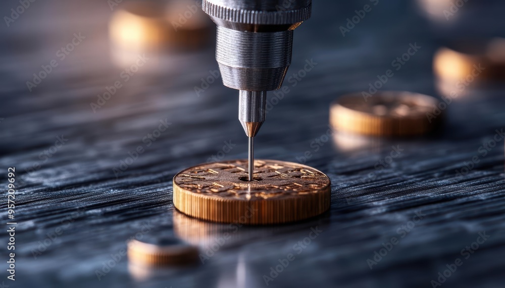 Poster close-up of a precision cnc machine milling a detailed pattern on a wooden coin, showcasing intricat