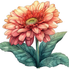 A watercolor-style illustration of a pink gerbera daisy with green leaves