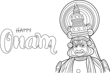Kathakali dancer, Kerala festival happy onam with kathakali face, Hand drawn in thin line style