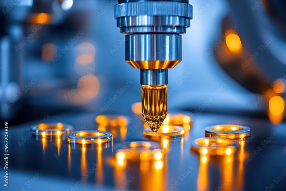 Poster close-up of a precision cnc machine drilling in a high-tech manufacturing environment with bright or