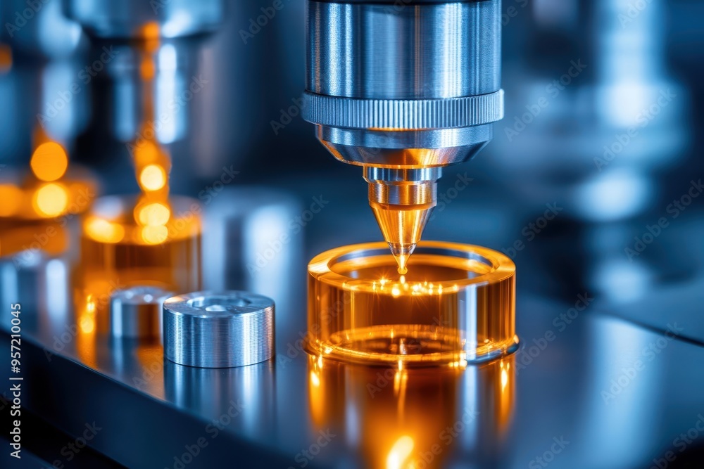 Poster close-up view of an industrial machine in a high-tech laboratory, focusing on precision and advanced