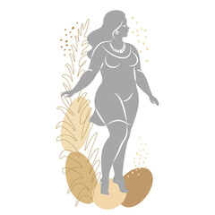 Silhouette of woman figure and plant leaves. Girl is standing. Lady is full of beauty and sexuality. Girl is overweight vector illustration.