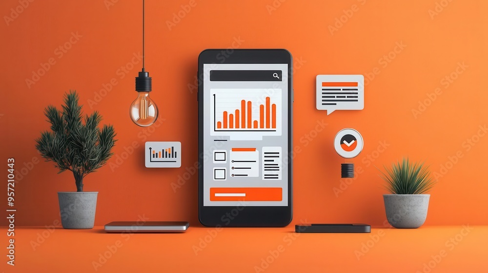 Poster modern smartphone displaying graphs on orange background with plants, ideal for technology and busin