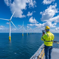 A worker in a safety helmet captures stunning offshore wind turbines against a bright blue sky, showcasing renewable energy innovation.