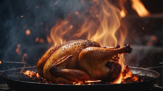 A beautifully roasted golden brown chicken sizzling on a barbecue grill surrounded by glowing coals and gentle wisps of smoke. - Powered by Adobe