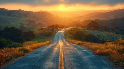 A road with a sunset in the background