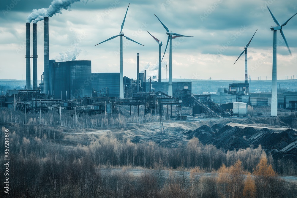 Aufkleber Wind turbines stand tall against a backdrop of abandoned coal mines and factories, symbolizing the shift to sustainable energy. Generative AI