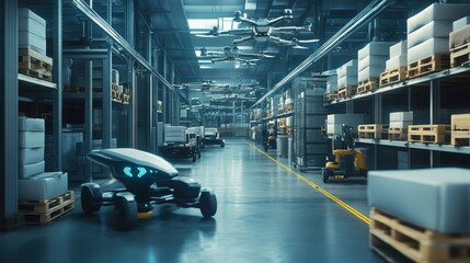 A futuristic warehouse with AI-controlled drones and robots moving goods, highlighting the transformative power of AI in logistics and automation. Ample copy space available.